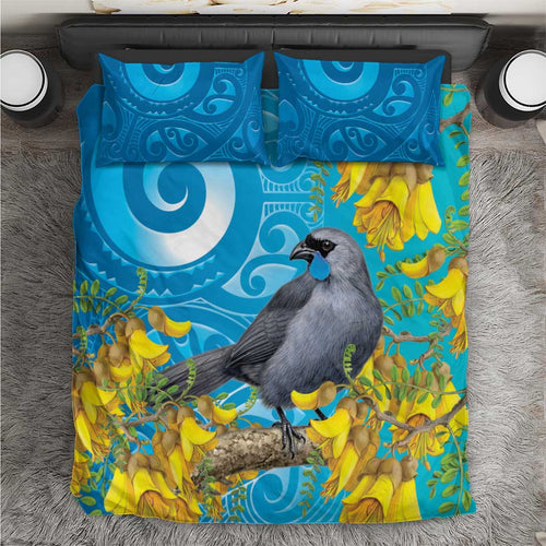 New Zealand Kokako Bird Bedding Set Maori Koru With Kowhai Flowers - Aussie Hoodie