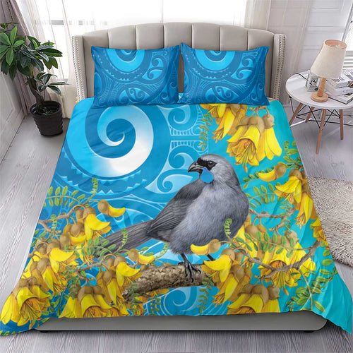 New Zealand Kokako Bird Bedding Set Maori Koru With Kowhai Flowers - Aussie Hoodie