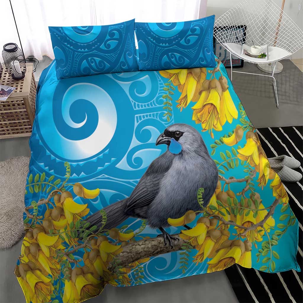 New Zealand Kokako Bird Bedding Set Maori Koru With Kowhai Flowers - Aussie Hoodie