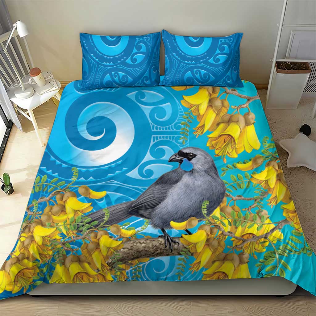 New Zealand Kokako Bird Bedding Set Maori Koru With Kowhai Flowers - Aussie Hoodie