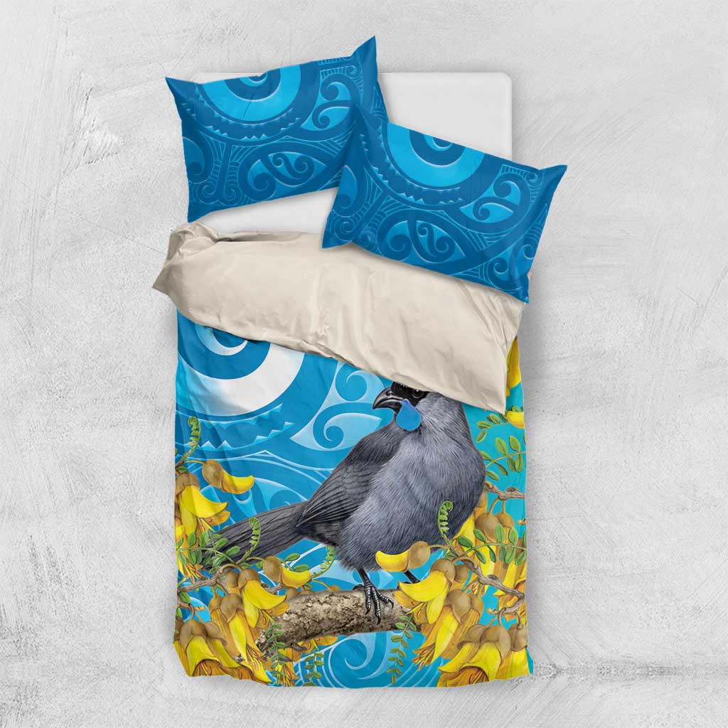 New Zealand Kokako Bird Bedding Set Maori Koru With Kowhai Flowers - Aussie Hoodie