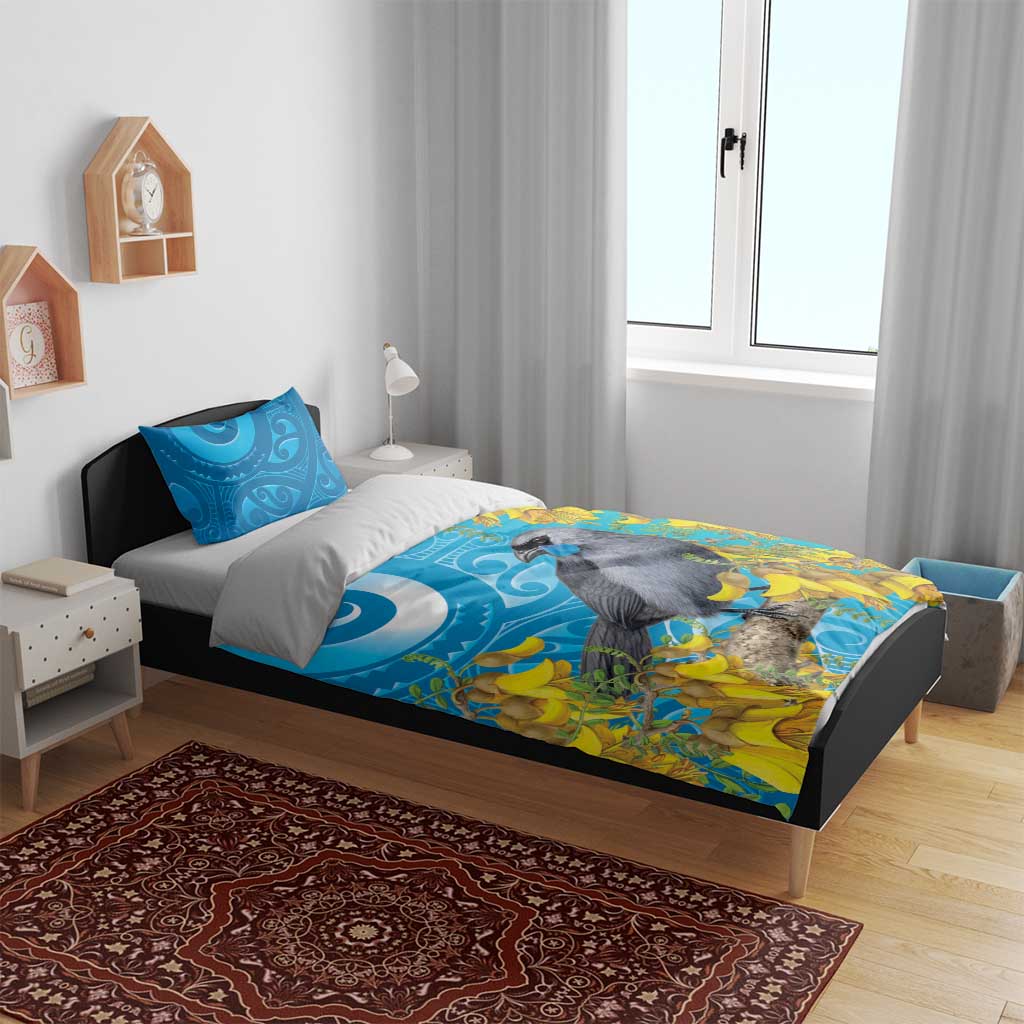 New Zealand Kokako Bird Bedding Set Maori Koru With Kowhai Flowers - Aussie Hoodie