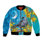 New Zealand Kokako Bird Bomber Jacket Maori Koru With Kowhai Flowers - Aussie Hoodie