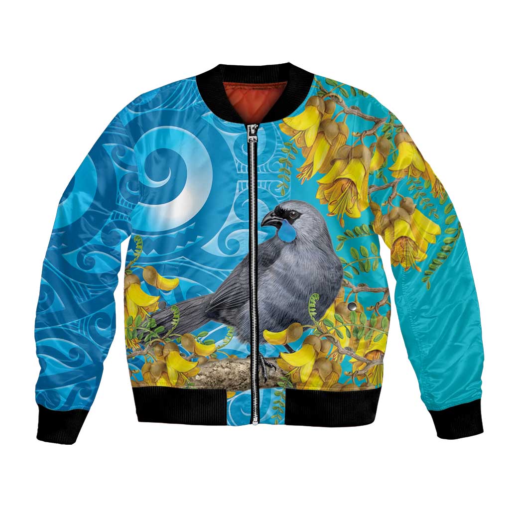 New Zealand Kokako Bird Bomber Jacket Maori Koru With Kowhai Flowers - Aussie Hoodie