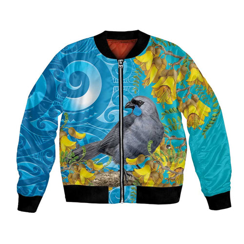 New Zealand Kokako Bird Bomber Jacket Maori Koru With Kowhai Flowers - Aussie Hoodie