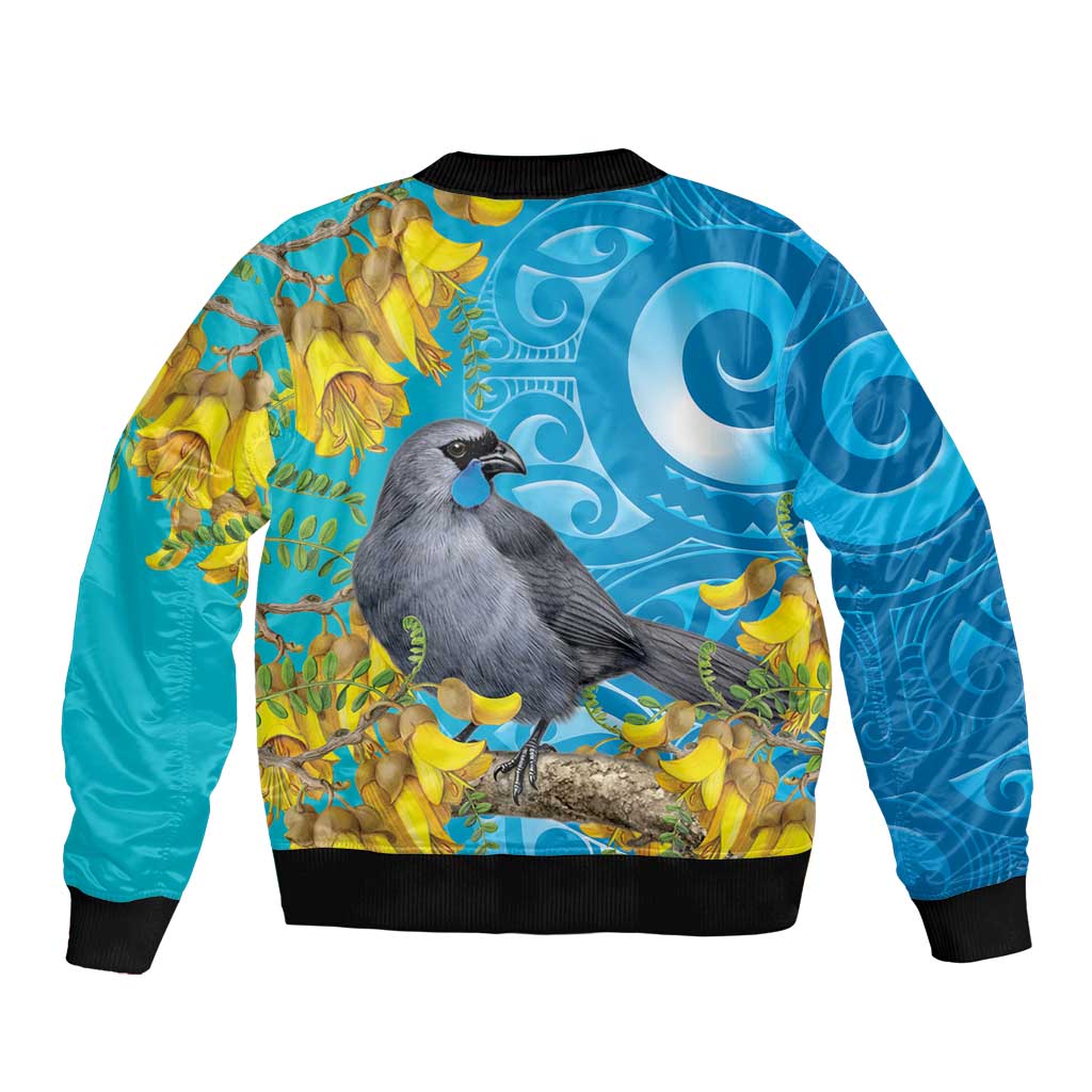 New Zealand Kokako Bird Bomber Jacket Maori Koru With Kowhai Flowers - Aussie Hoodie