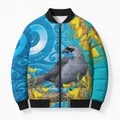 New Zealand Kokako Bird Bomber Puffer Jacket Maori Koru With Kowhai Flowers - Aussie Hoodie