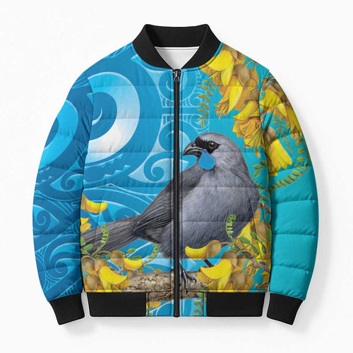 New Zealand Kokako Bird Bomber Puffer Jacket Maori Koru With Kowhai Flowers - Aussie Hoodie