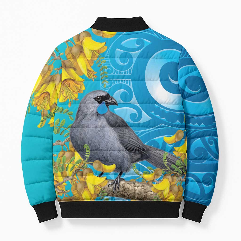 New Zealand Kokako Bird Bomber Puffer Jacket Maori Koru With Kowhai Flowers - Aussie Hoodie