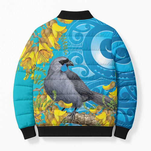 New Zealand Kokako Bird Bomber Puffer Jacket Maori Koru With Kowhai Flowers - Aussie Hoodie