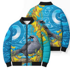 New Zealand Kokako Bird Bomber Puffer Jacket Maori Koru With Kowhai Flowers - Aussie Hoodie