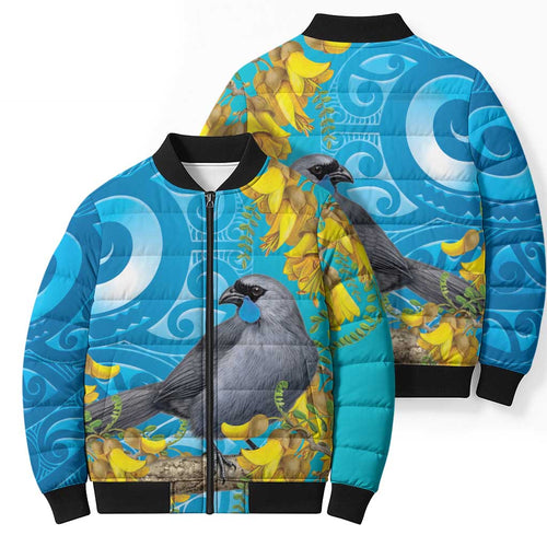 New Zealand Kokako Bird Bomber Puffer Jacket Maori Koru With Kowhai Flowers - Aussie Hoodie