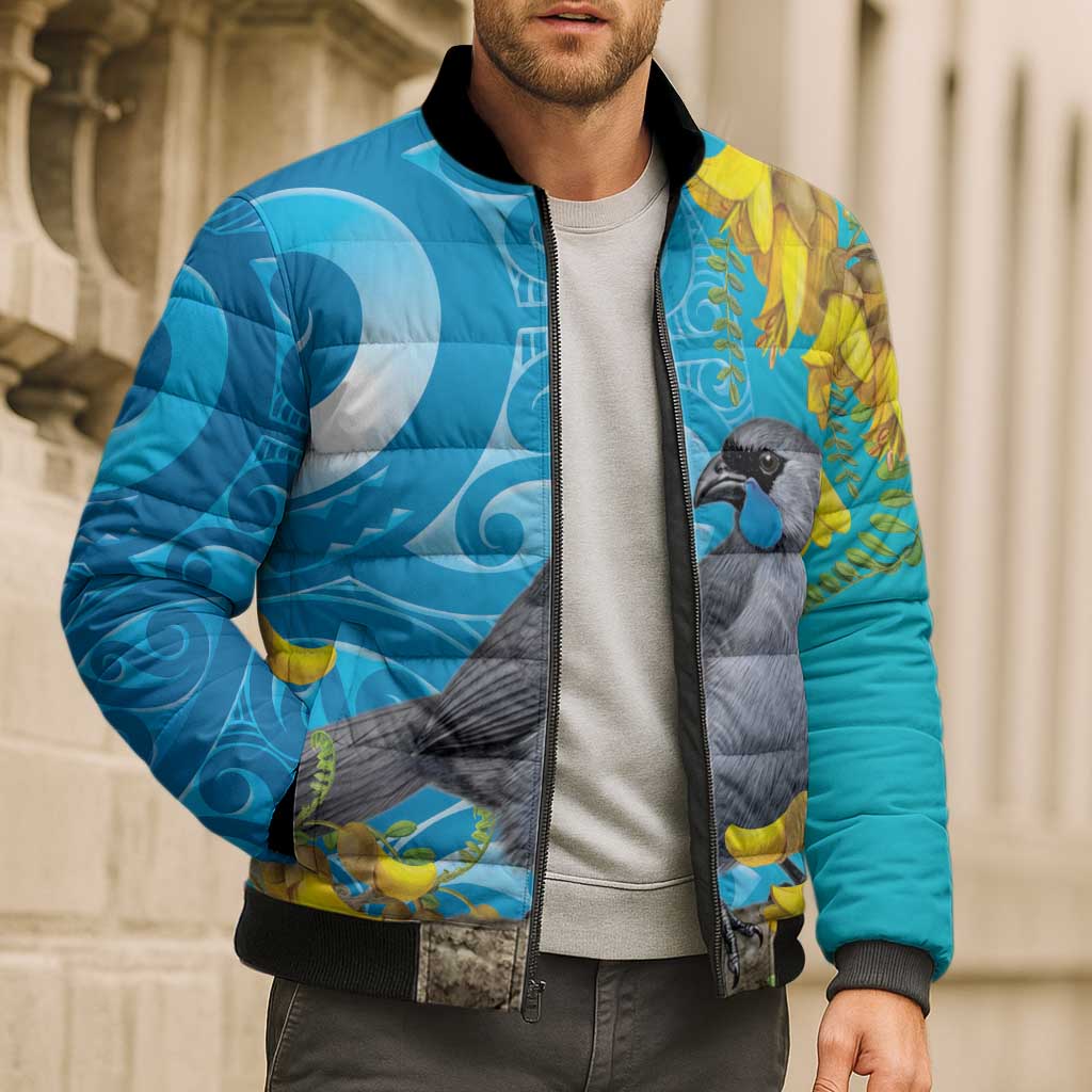 New Zealand Kokako Bird Bomber Puffer Jacket Maori Koru With Kowhai Flowers - Aussie Hoodie
