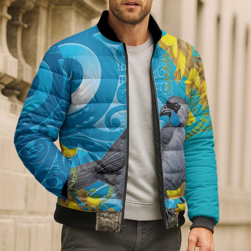 New Zealand Kokako Bird Bomber Puffer Jacket Maori Koru With Kowhai Flowers - Aussie Hoodie