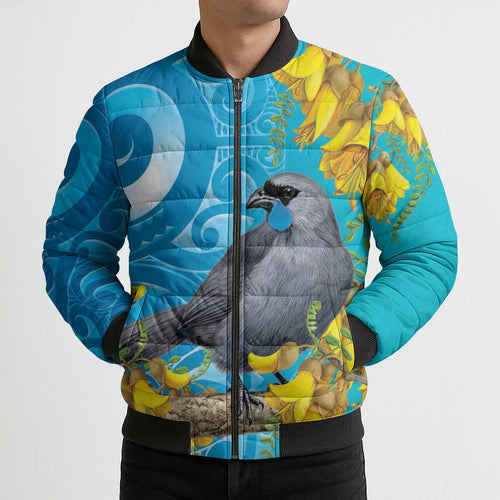 New Zealand Kokako Bird Bomber Puffer Jacket Maori Koru With Kowhai Flowers - Aussie Hoodie