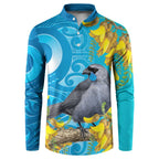New Zealand Kokako Bird Button Sweatshirt Maori Koru With Kowhai Flowers - Aussie Hoodie
