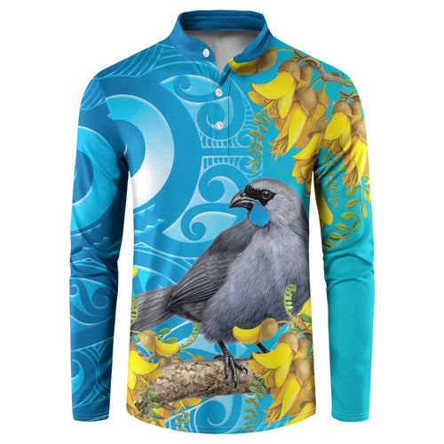 New Zealand Kokako Bird Button Sweatshirt Maori Koru With Kowhai Flowers - Aussie Hoodie