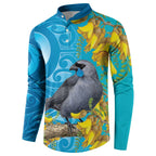 New Zealand Kokako Bird Button Sweatshirt Maori Koru With Kowhai Flowers - Aussie Hoodie