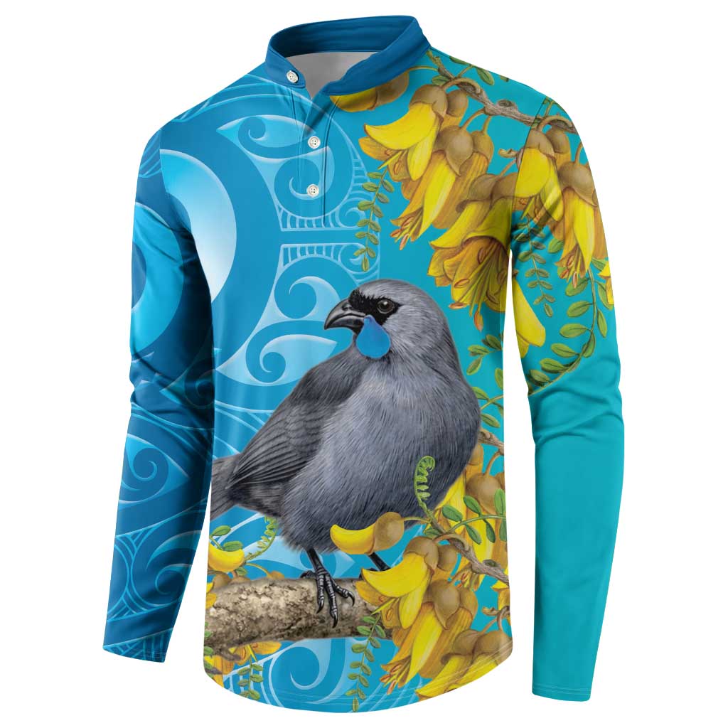 New Zealand Kokako Bird Button Sweatshirt Maori Koru With Kowhai Flowers - Aussie Hoodie
