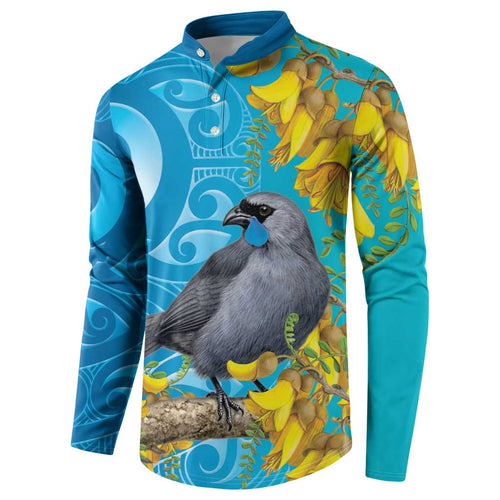 New Zealand Kokako Bird Button Sweatshirt Maori Koru With Kowhai Flowers - Aussie Hoodie
