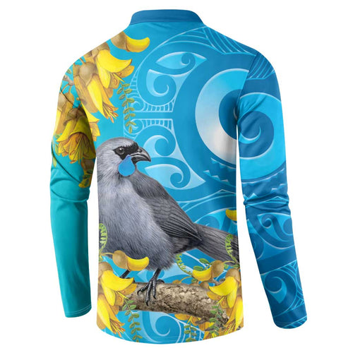 New Zealand Kokako Bird Button Sweatshirt Maori Koru With Kowhai Flowers - Aussie Hoodie