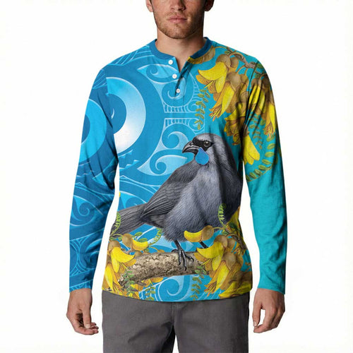 New Zealand Kokako Bird Button Sweatshirt Maori Koru With Kowhai Flowers - Aussie Hoodie