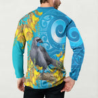 New Zealand Kokako Bird Button Sweatshirt Maori Koru With Kowhai Flowers - Aussie Hoodie
