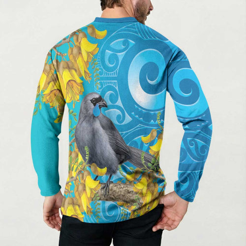 New Zealand Kokako Bird Button Sweatshirt Maori Koru With Kowhai Flowers - Aussie Hoodie