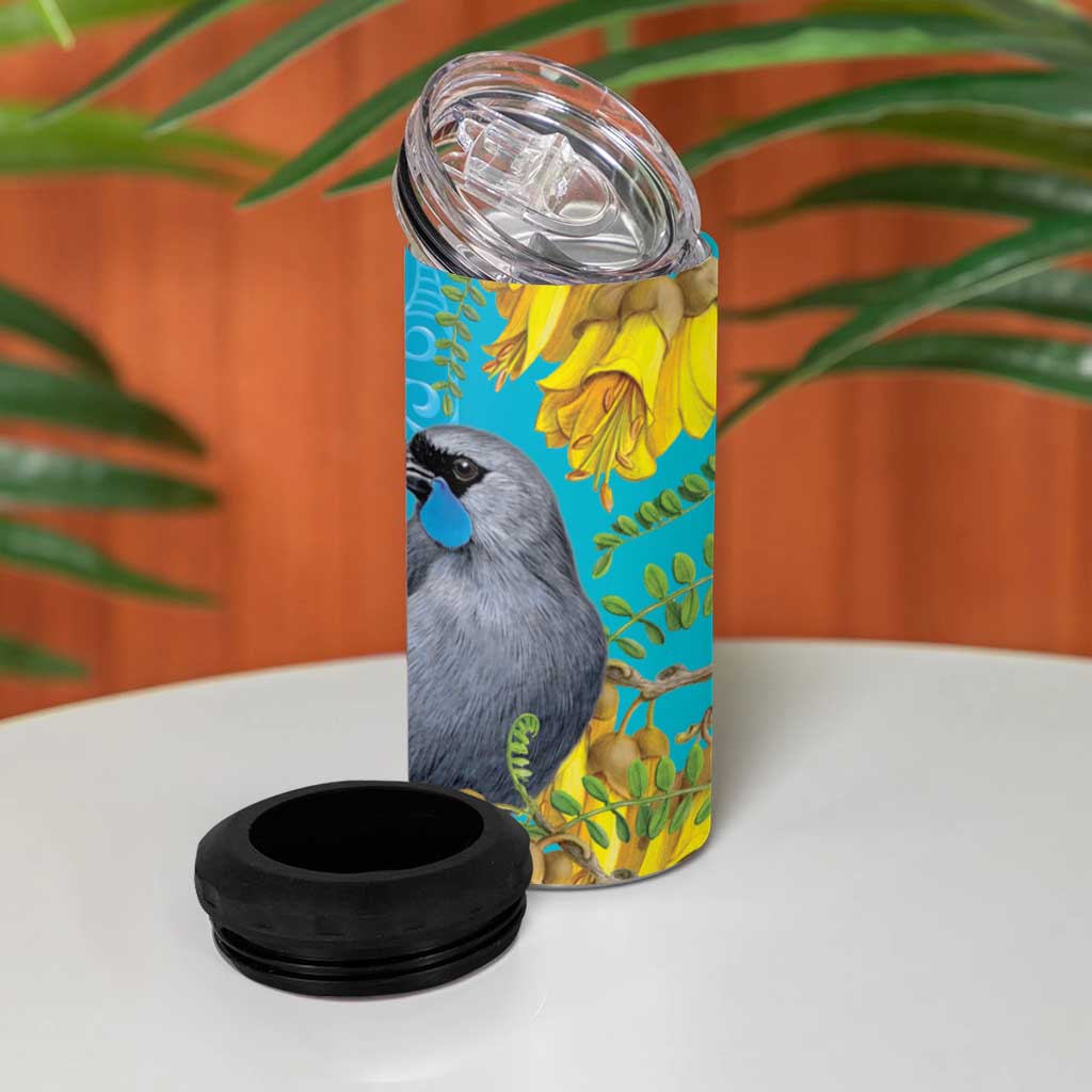 New Zealand Kokako Bird 4 in 1 Can Cooler Tumbler Maori Koru With Kowhai Flowers - Aussie Hoodie