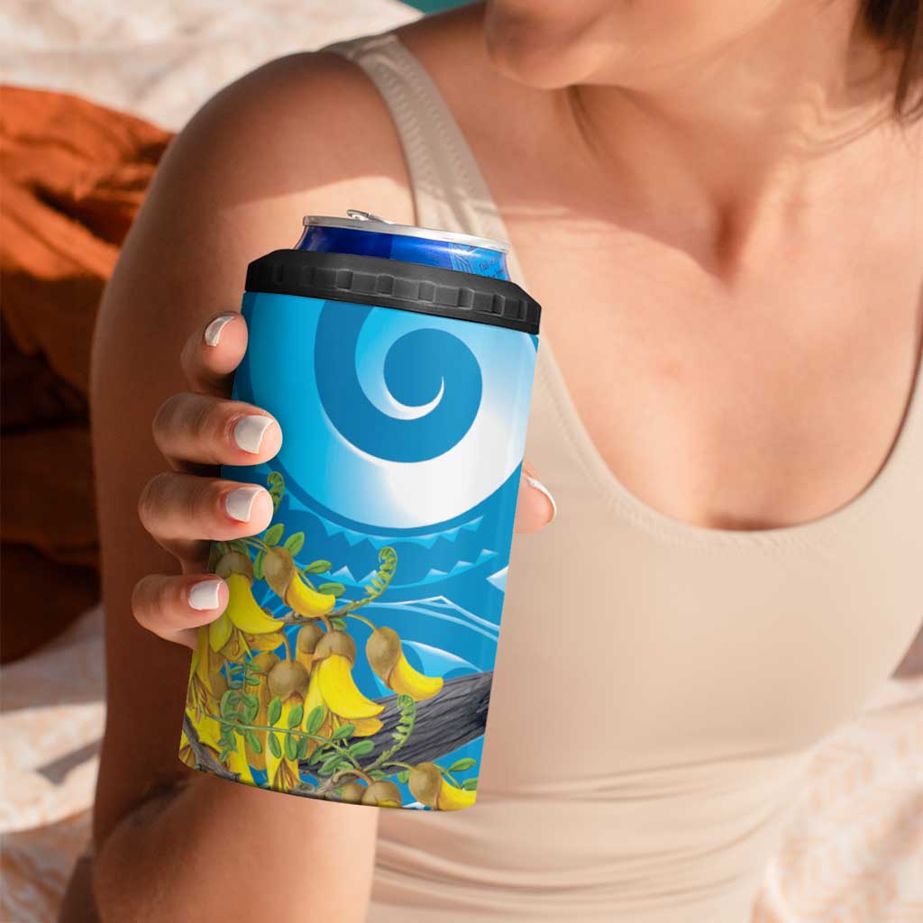 New Zealand Kokako Bird 4 in 1 Can Cooler Tumbler Maori Koru With Kowhai Flowers - Aussie Hoodie
