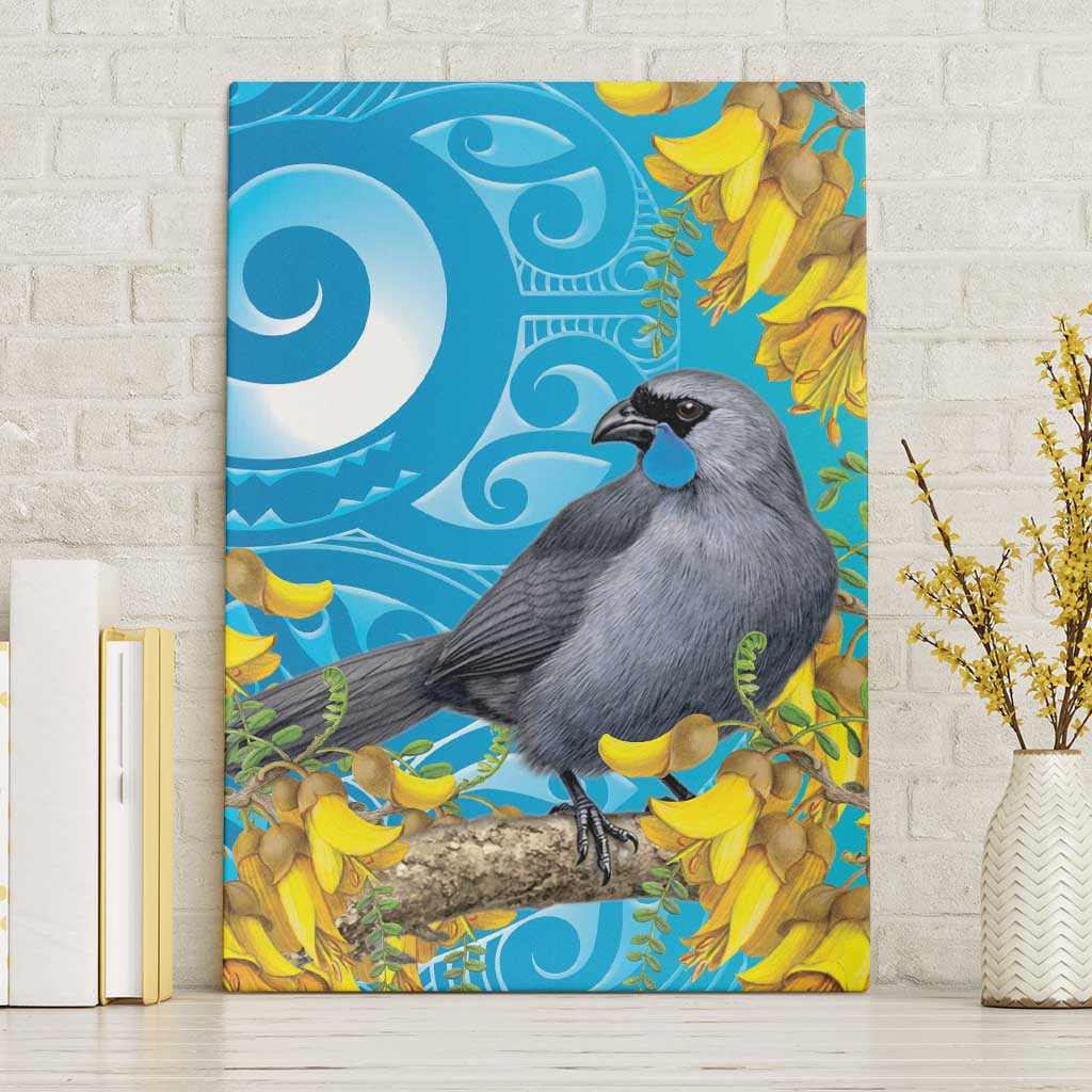 New Zealand Kokako Bird Canvas Wall Art Maori Koru With Kowhai Flowers - Aussie Hoodie