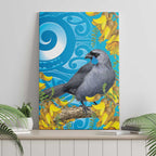 New Zealand Kokako Bird Canvas Wall Art Maori Koru With Kowhai Flowers - Aussie Hoodie
