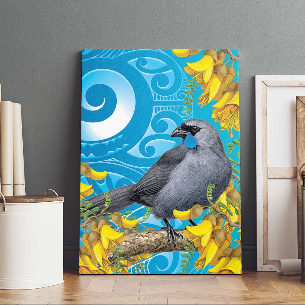 New Zealand Kokako Bird Canvas Wall Art Maori Koru With Kowhai Flowers - Aussie Hoodie