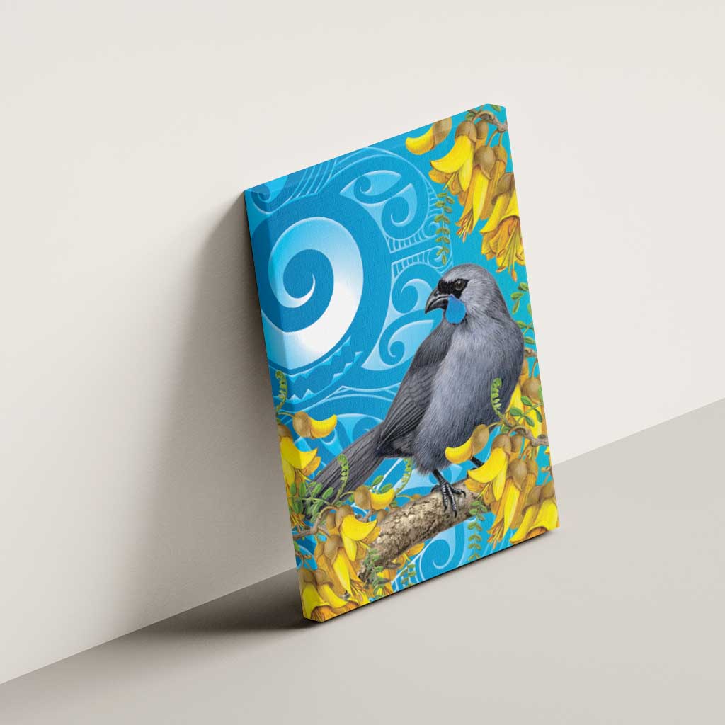 New Zealand Kokako Bird Canvas Wall Art Maori Koru With Kowhai Flowers - Aussie Hoodie