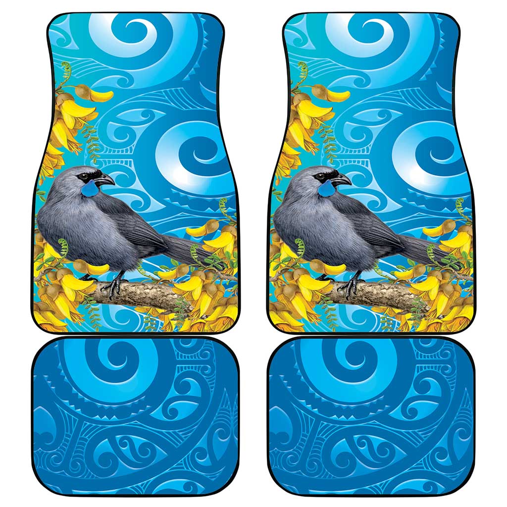 New Zealand Kokako Bird Car Mats Maori Koru With Kowhai Flowers - Aussie Hoodie