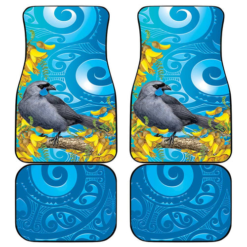 New Zealand Kokako Bird Car Mats Maori Koru With Kowhai Flowers - Aussie Hoodie