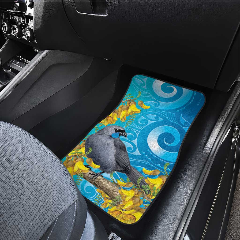 New Zealand Kokako Bird Car Mats Maori Koru With Kowhai Flowers - Aussie Hoodie