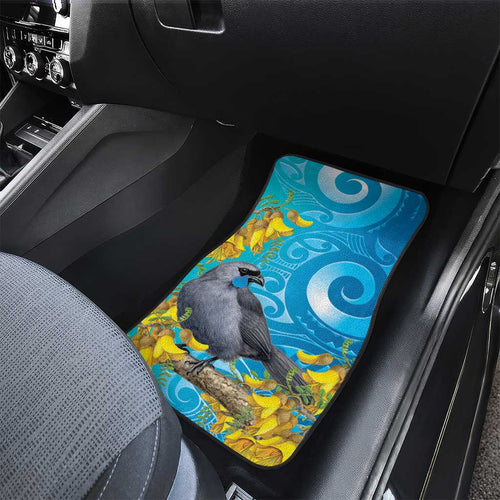 New Zealand Kokako Bird Car Mats Maori Koru With Kowhai Flowers - Aussie Hoodie