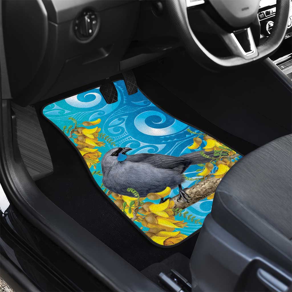 New Zealand Kokako Bird Car Mats Maori Koru With Kowhai Flowers - Aussie Hoodie