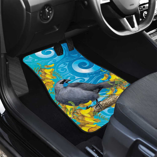 New Zealand Kokako Bird Car Mats Maori Koru With Kowhai Flowers - Aussie Hoodie