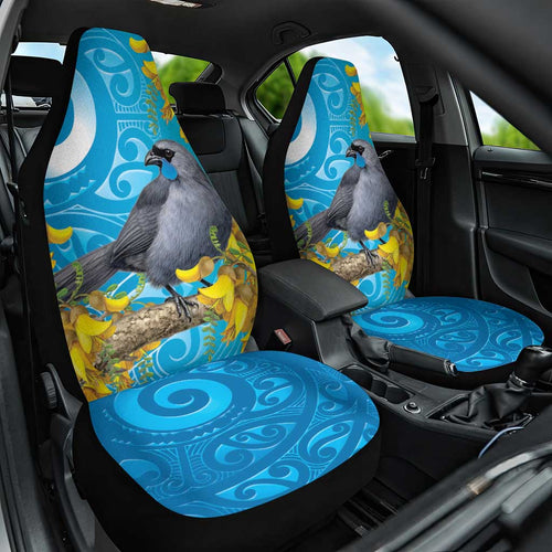 New Zealand Kokako Bird Car Seat Cover Maori Koru With Kowhai Flowers - Aussie Hoodie