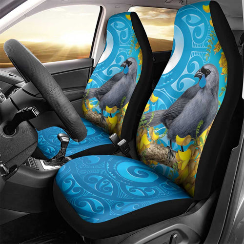 New Zealand Kokako Bird Car Seat Cover Maori Koru With Kowhai Flowers - Aussie Hoodie