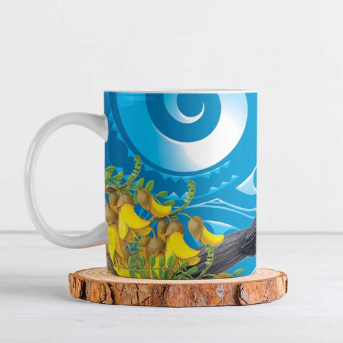 New Zealand Kokako Bird Ceramic Mug Maori Koru With Kowhai Flowers - Aussie Hoodie