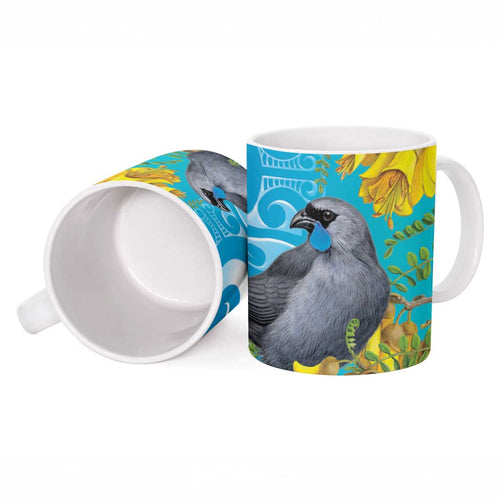 New Zealand Kokako Bird Ceramic Mug Maori Koru With Kowhai Flowers - Aussie Hoodie