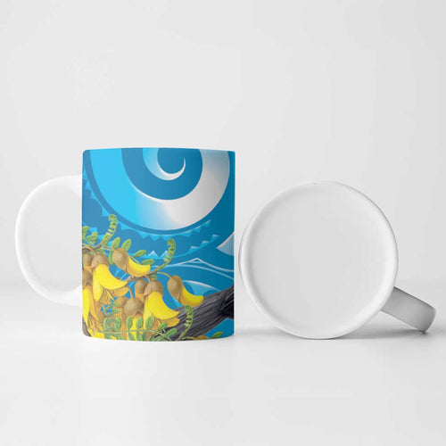 New Zealand Kokako Bird Ceramic Mug Maori Koru With Kowhai Flowers - Aussie Hoodie