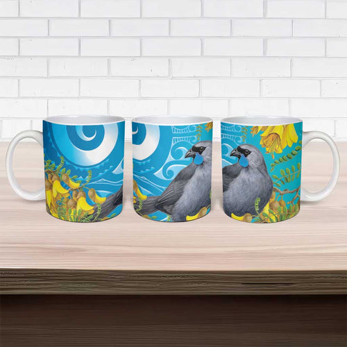 New Zealand Kokako Bird Ceramic Mug Maori Koru With Kowhai Flowers - Aussie Hoodie