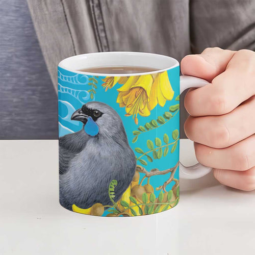 New Zealand Kokako Bird Ceramic Mug Maori Koru With Kowhai Flowers - Aussie Hoodie