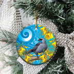 New Zealand Kokako Bird Ceramic Ornament Maori Koru With Kowhai Flowers