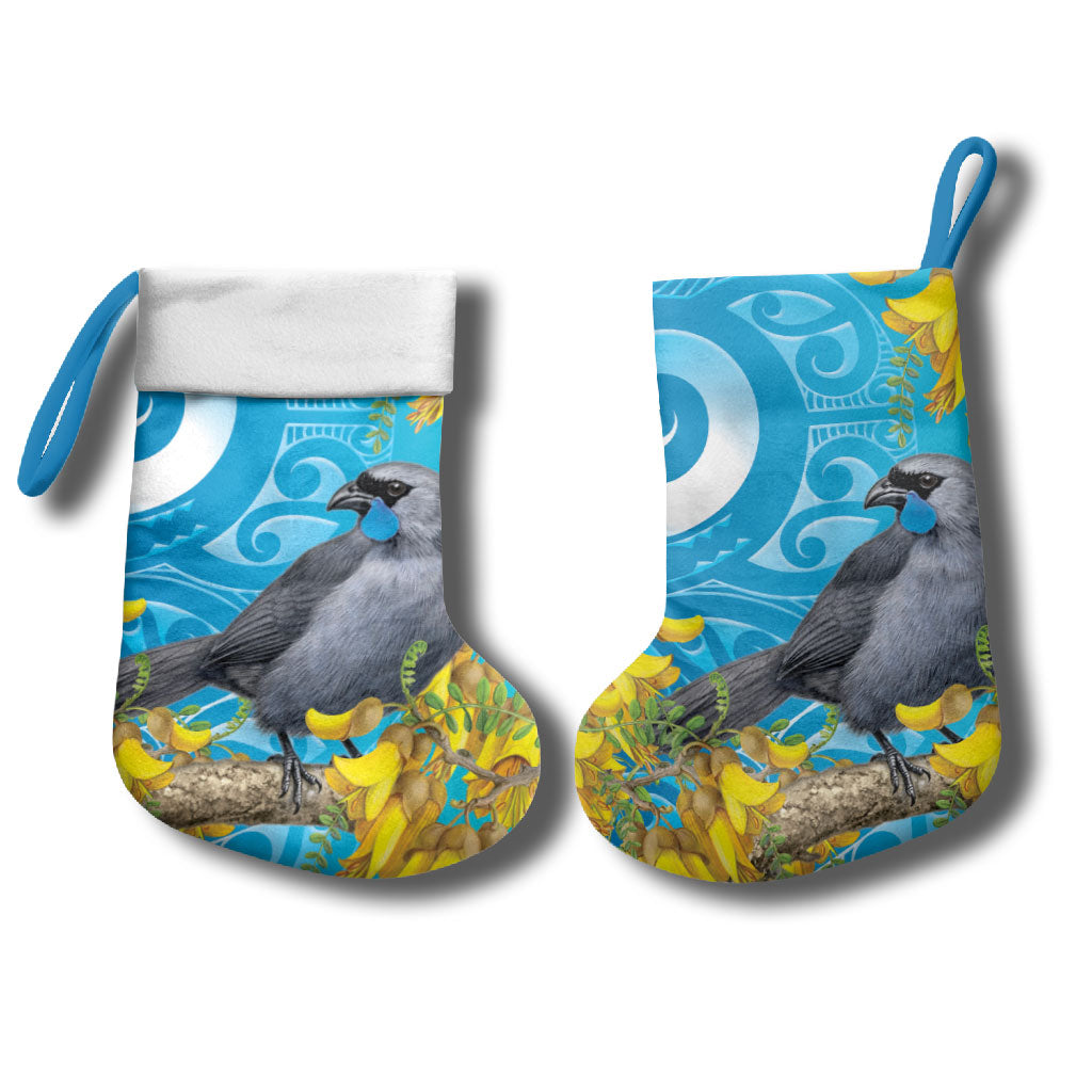 New Zealand Kokako Bird Christmas Stocking Maori Koru With Kowhai Flowers