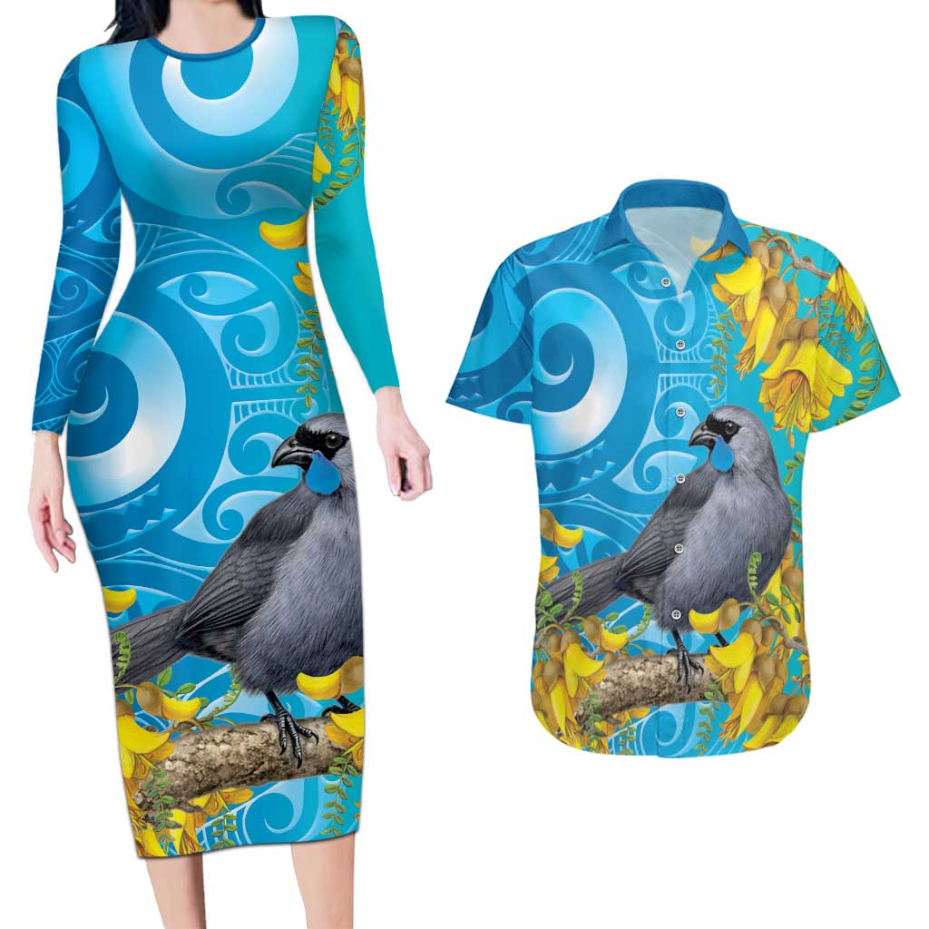 New Zealand Kokako Bird Couples Matching Long Sleeve Bodycon Dress and Hawaiian Shirt Maori Koru With Kowhai Flowers - Aussie Hoodie